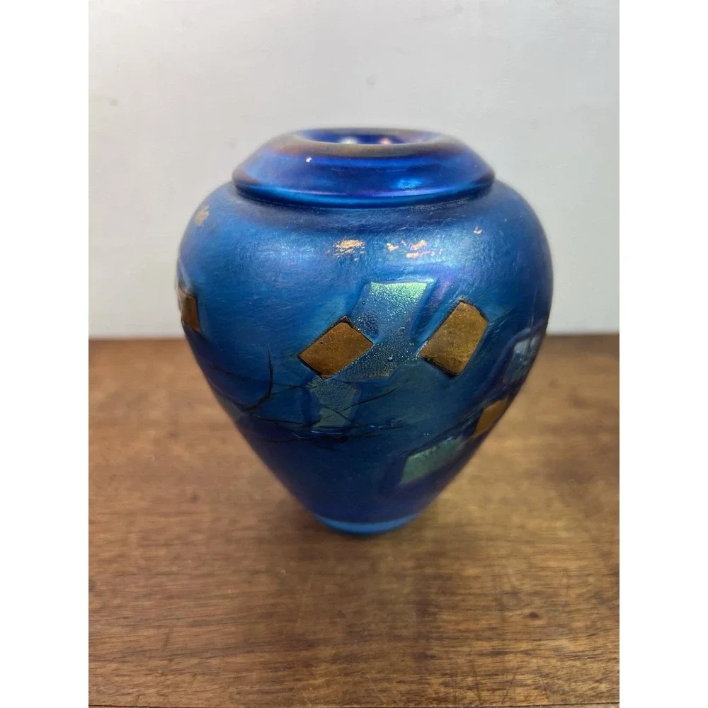 Robert Held Art Glass Handblown Vase Urn Cobalt Blue Carnival Mod Goth Mini Deco